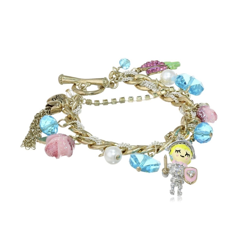 Betsey Johnson "Fairyland Knight" Charms Pink Flowers Heart Toggle Clasp New